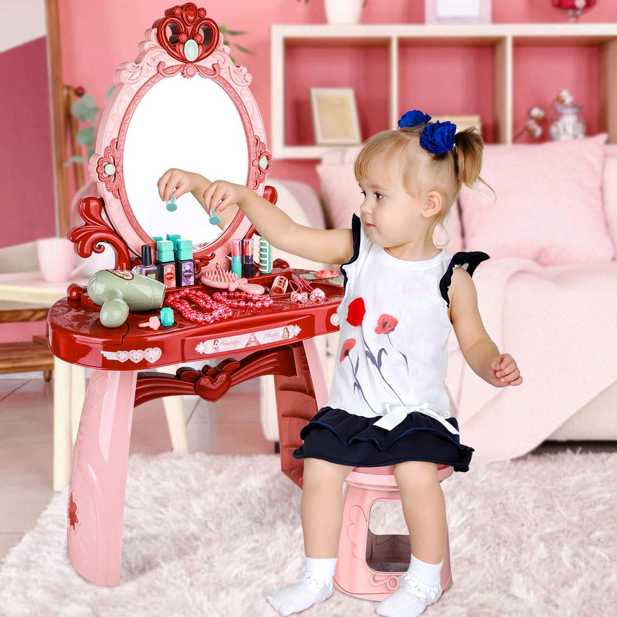 Meland Toddler Vanity Set - Kids Toy Vanity Table for Little Girls with Sound and Light Mirror and Beauty Accessories, Birthday Toys for Little Princess Pretend Play