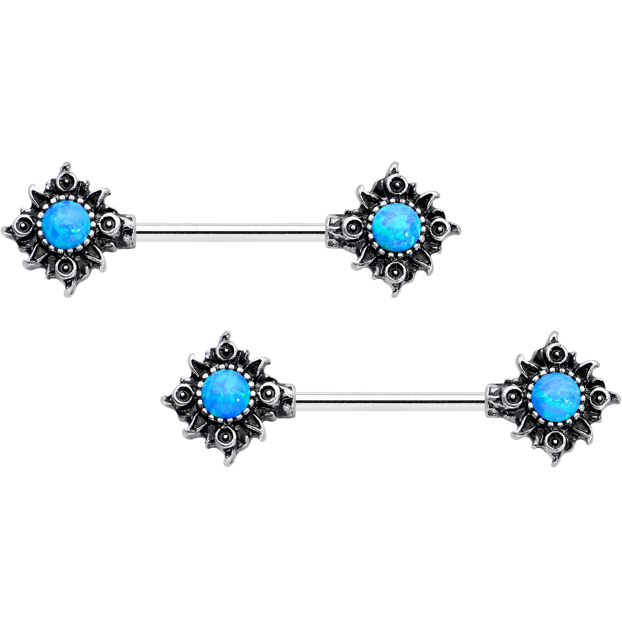 Body Candy Steel Blue Synthetic Opal Tribal Sun Barbell Nipple Ring Set of 2 14 Gauge 5/8