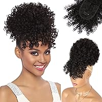 ENTRANCED STYLES Drawstring Ponytail with Bangs Afro Puff Ponytail Hair Extensions for Black Women Short Kinky Curly Puff Ponytail with Bangs Curly Clip in Wrap Updo Hairpiece