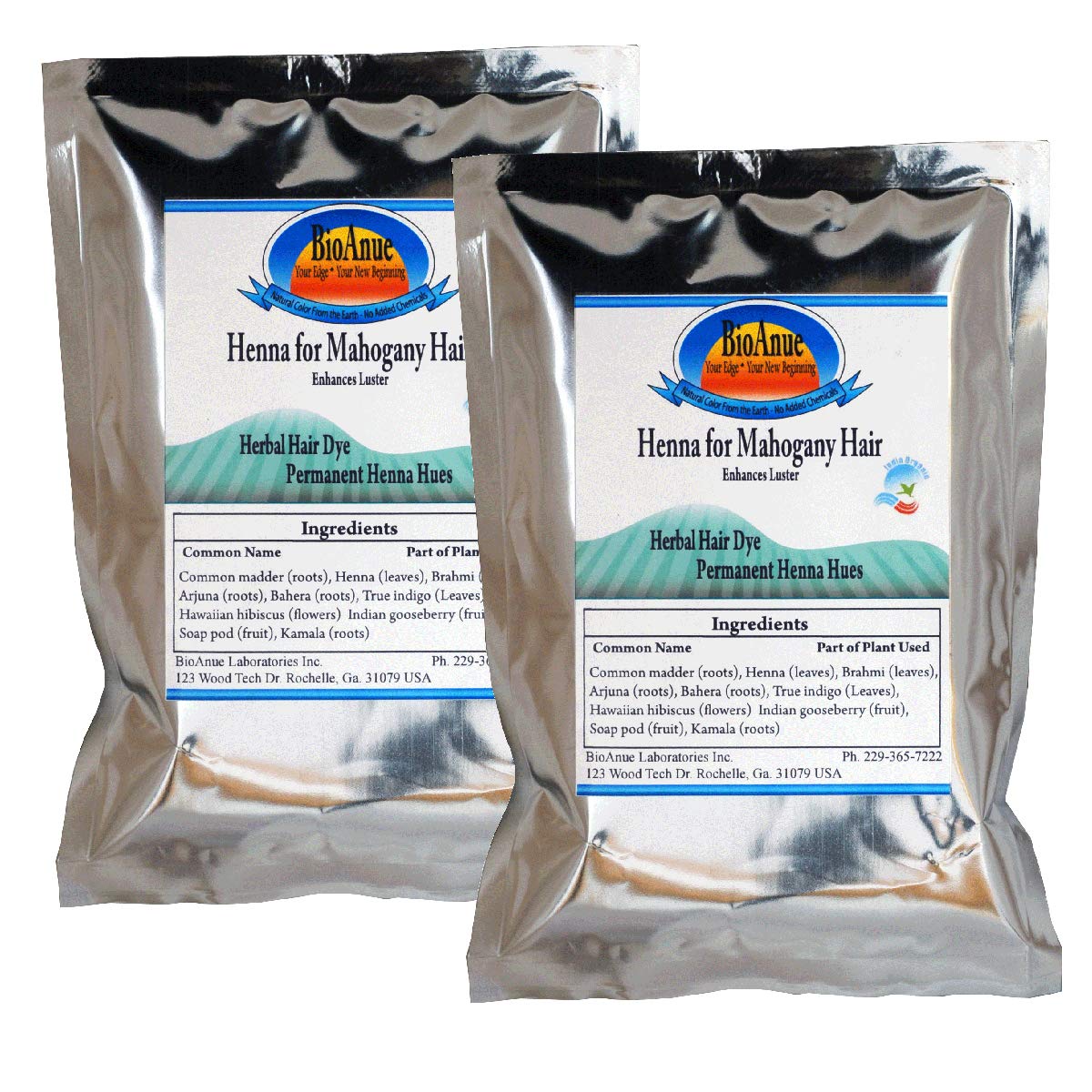 Certified Organic Henna Hair Dye for Mahogany -Brown Hair. 2 Bags. Beautiful Hair Naturally.