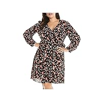 ESTELLE Womens Black Tie Sheer Lined Floral Cuffed Sleeve Surplice Neckline Above The Knee Wear to Work Wrap Dress Plus 3X