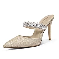 MUCCCUTE Women's Mule Heels with Rhinestone Sparkly Strap Backless Pointed Toe Kitten High Shoes Slip-On Bridal Party Sandals