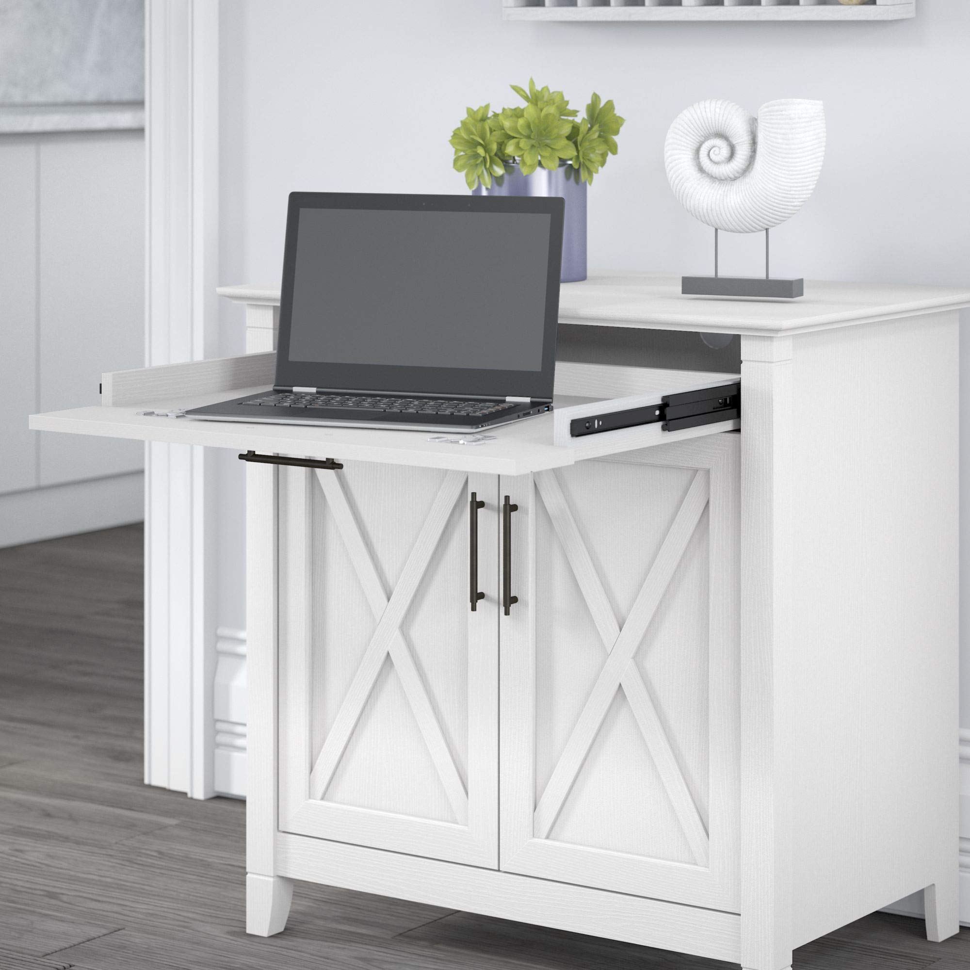 Bush Furniture Key West Secretary Desk with Keyboard Tray and Storage Cabinet, Pure White Oak, 30W x 20D