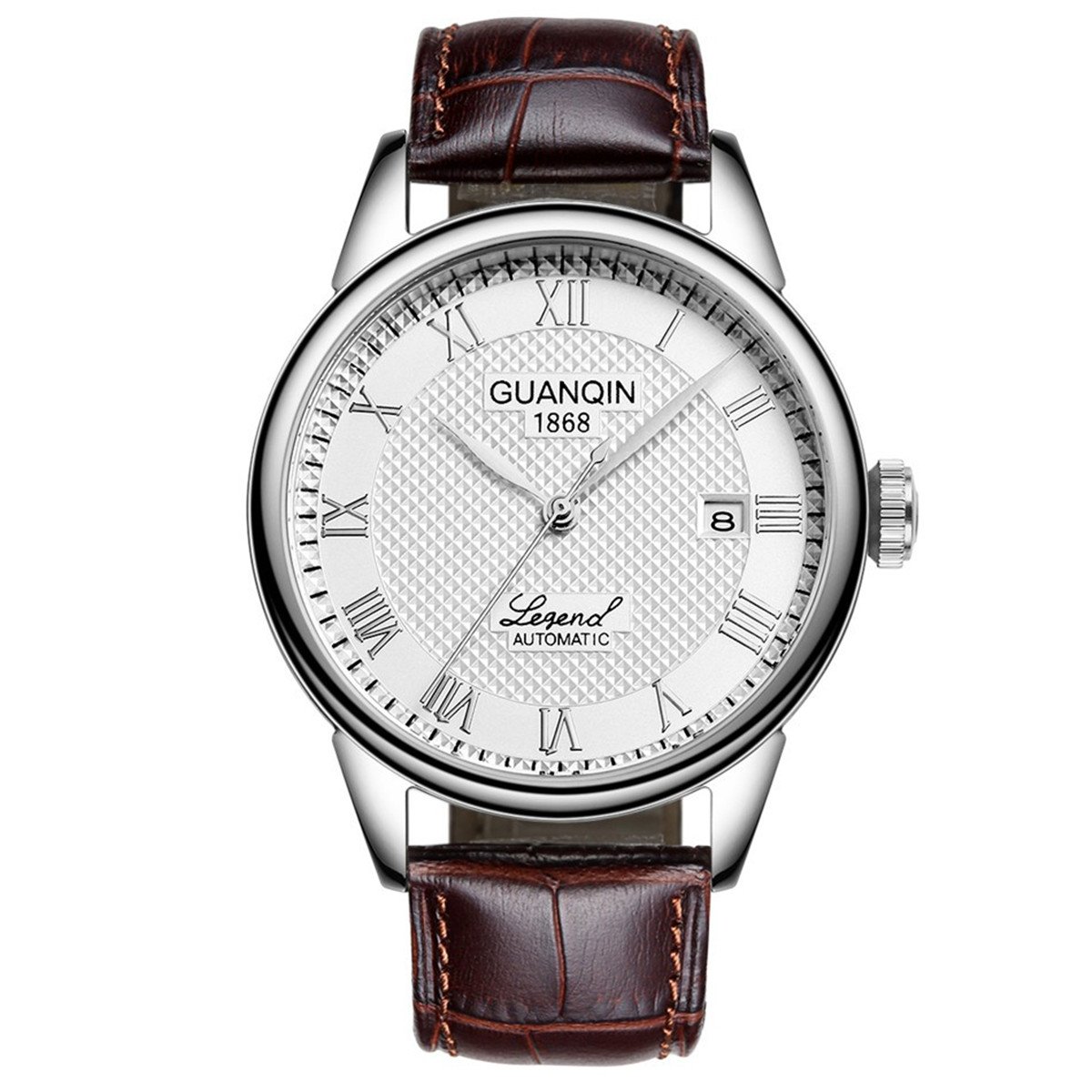 Guanqin Men Analog Automatic Self-Winding Mechanical Stainless Steel Leather Business Wrist Watch Date Calendar Waterproof