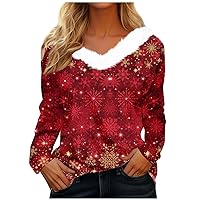 Women Christmas Long Sleeve Shirts Soft Fleece V Neck T-Shirt Fall Fashion Fur Collar Y2k Tops Casual Clothes