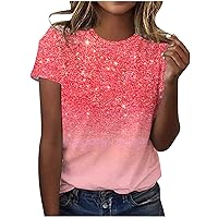 Going Out Tops for Women 2024 Short Sleeve Crew Neck T-Shirts Dressy Casual Sparkly Pullover Blouses Loose Fit Basic Tees