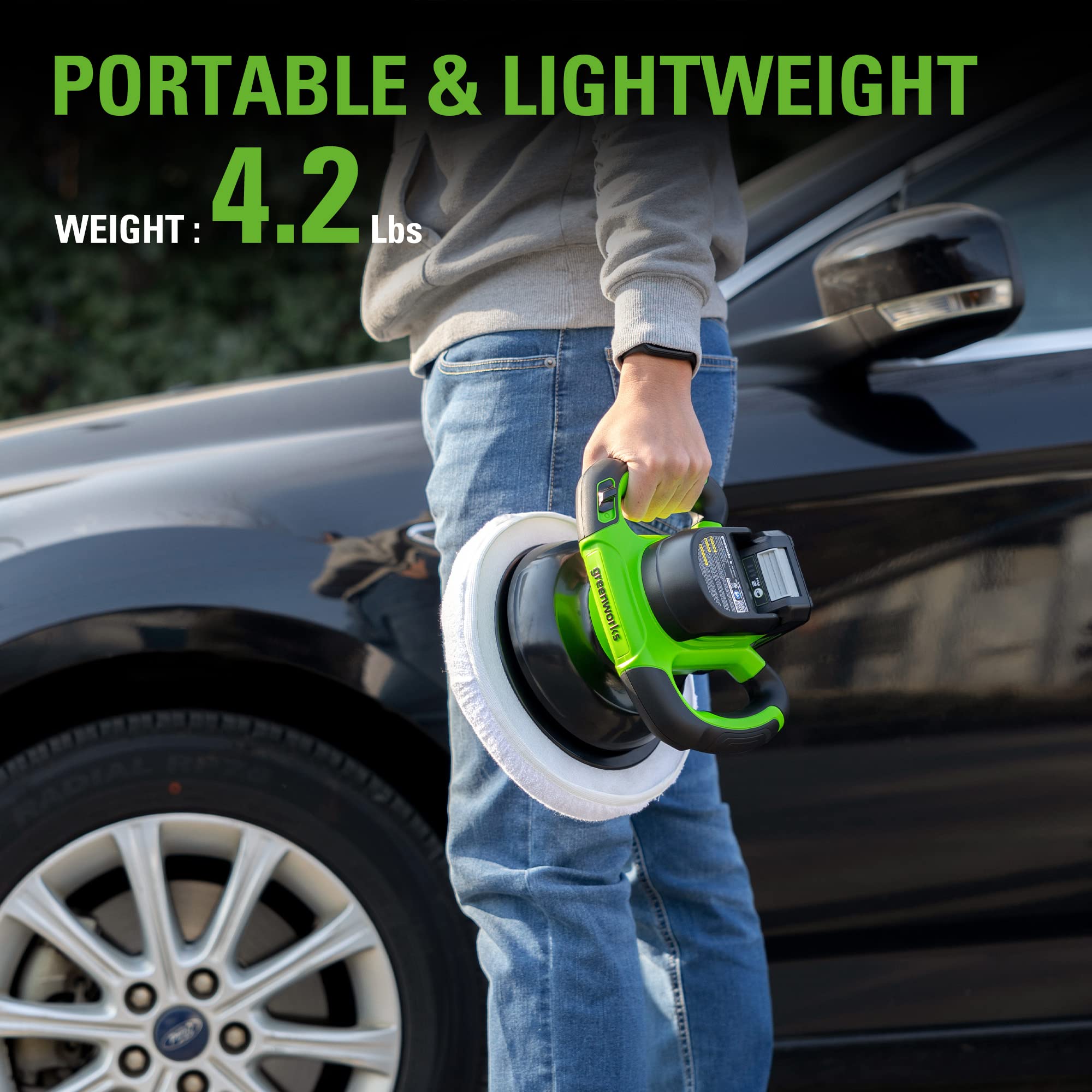 Greenworks 24V Powerful Cordless Car Buffer & Polisher, 10-inch pad 2800 RPM waxing machine with 4 Buffing Bonnets, 2.0Ah Battery & 2A Charger included