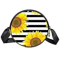 Yellow Sunflowers White Black Horizontal Striped Crossbody Bag for Women Teen Girls Round Canvas Shoulder Bag Purse Tote Handbag Bag