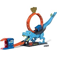 Toy Car Track Set City T-Rex Chomp Down with 1:64 Scale Car, Knock Out The Giant Dinosaur with Stunts