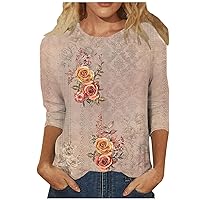 3/4 Length Sleeve Womens Summer Tops Trendy Floral Graphic Tees Plus Size Blouses Casual Scoop Neck Tshirts Shirts