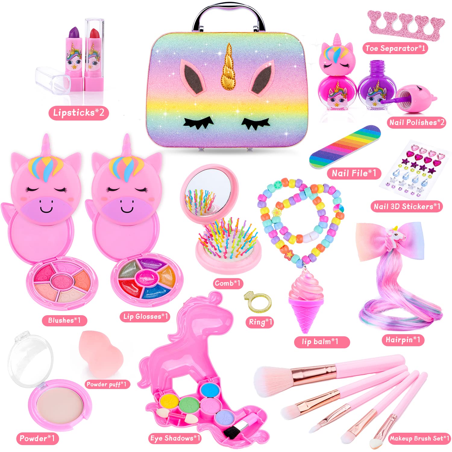 MagicToiee Brithday Gifts Unicorn Makeup Kit for Kids, Washable Cosmetic Set as Princess Birthday Gift Toy with Bag, Children Cosmetic Beauty Set for Girls Age 4 5 6 7 8 9 10 Year Old