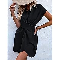 Summer Dresses for Women 2022 Dolman Sleeve Cross Wrap Belted Shirt Dress (Color : Black, Size : L)