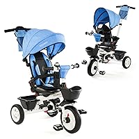 Baby Trike, 6-in-1 Kids Tricycle with Adjustable Push Handle, Removable Canopy, Safety Harness for 18 Months - 5 Year Old(Blue)