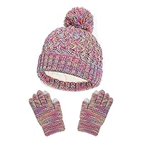 Kids Winter Hat and Gloves Set, Girl Warm Knit Beanie with Pom Fleece Lined for Toddler Boys Girls 1-6 Years