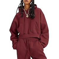 Flygo Womens Fleece 2 Piece Outfits Sweatsuit Crop Pullover Sweatshirt Joggers Pants Tracksuit Set(Burgundy-L)