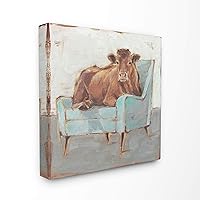 The Stupell Home Decor Brown Bull on a Blue Couch Neutral Color Painting Stretched Canvas Wall Art, 24 x 24, Multi