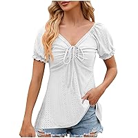Women V Neck Drawstring Blouses Sexy Ruched Puff Sleeve Tops Solid Dressy Slim Fit Shirts Flowy Tunic Tee Shirt