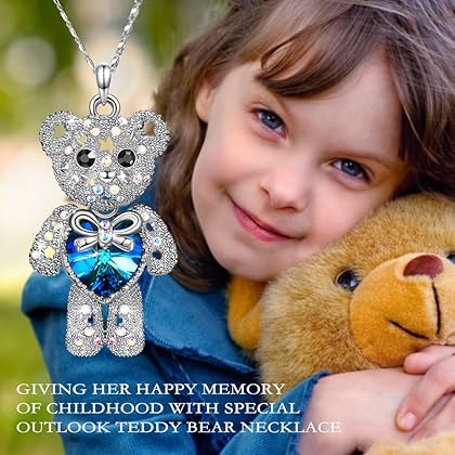 Special Outlook Teddy Bear Necklace - Blue Love Heart Crystal Pendant - Cute Birthstone Jewelry for Women and Girls