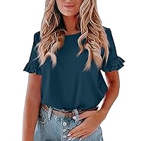 Top Womens Fashion 2024 Peplum Tops for Women Summer Solid Color Casual Classic Versatile Elegant with Short Sleeve Round Neck Shirts Dark Blue Medium