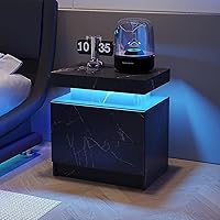 Faux Marble Nightstand with LED Lights, Modern High Gloss Bedside Table Cabinet with 2 Drawers, Wooden End Side Table Cabinet with Storage and Adjustable Lights for Bedroom, Living Room,Office, Black.
