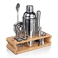 12 Piece Bartender Kit with Bamboo Stand, 25oz Cocktail Shaker Set for Mixed Drink, Professional Bar Tool Set With Cocktail Recipes Booklet, Gift for Man Dad Friend (Silver)