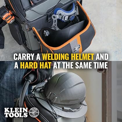 Klein Tools 55665 Ironworker and Welder Backpack, Fire Resistant Exterior, 27 Pockets, Hold Welding Helmet, Hard Hat, 36-Inch Connecting Bar
