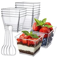 3.8oz Plastic Dessert Cups with Spoons 50 Pack, Clear Square Mini Dessert Cups Appetizer Cups Parfait Cups Tumbler Cups for Mousse Puddings, Party Supplies
