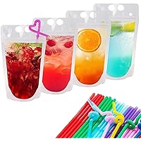 100 Pcs Drink Pouches for Adults, Hand-held Reusable Clear Juice Pouches with Straws Funnel Smoothie Heavy Duty Drink Bags for Cold Hot Drinks