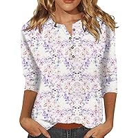 Womens 3/4 Sleeve Tops 2024 Casual Pullover Shirt Floral Pattern Three Quarter Length Tunic Shirts Relaxed Clothes