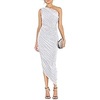 Women's One Shoulder Cocktail Dress Glitter Sexy Ruched Bodycon Irregular Hem Prom Formal Party Midi Dresses