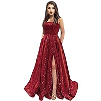 Long Prom Dresses 2022 Glitter Evening Dress A Line Ball Gown with Pockets Side Slit Party Dress