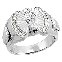 Mens Sterling Silver Cubic Zirconia Santa Muerte Ring Round Horse Sides 17/32 inch wide, size 8-14
