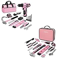 WORKPRO 12V Pink Cordless Drill Driver and Home Tool Kit and 100 Piece Pink Tool Kit with Easy Carrying Pouch