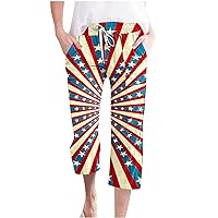 Funny Stars Stripes Capri Pants Women's 4th of July Casual Pants Drawstring Waist Patriotic Beach Pants with Pockets