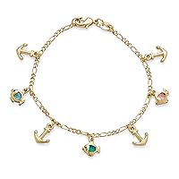 Tropical Vacation Honeymoon Jewelry Nautical Anchor Fish Stars & Dolphin Dangle Charm Bracelet For Women Teen 14K Gold Plated Brass