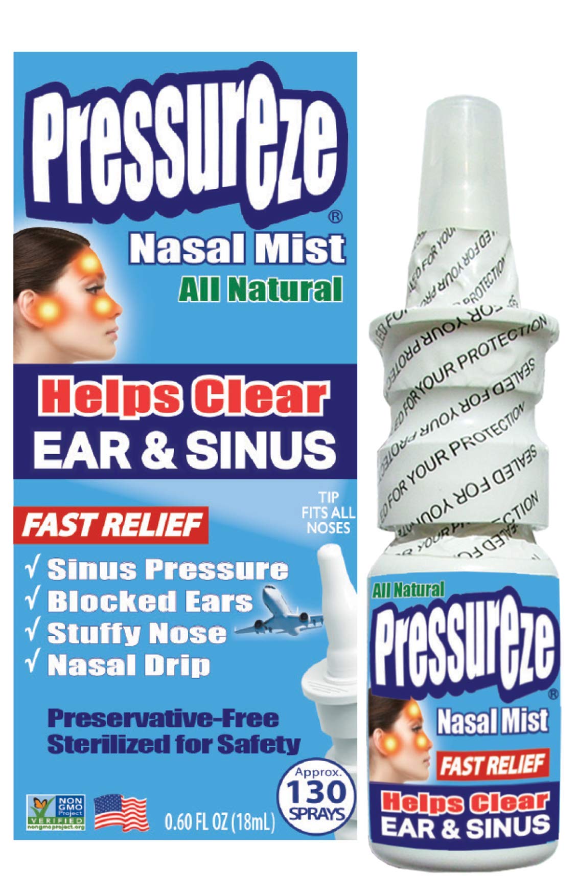 Pressureze Nasal Spray - All Natural Preservative-Free Sterile - Fast Relief Nasal Spray - for Sinus Allergies Congestion Blocked Ears Loud Snoring | 130 Sprays, 18 ml