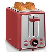 Toaster 2 Slice, Bread Toaster with LCD Display, 7 Shade Settings, 1.４'' Variable Extra Wide Slots Toaster with Cancel, Bagel, Defrost, Reheat Functions, Removable Crumb Tray, 900W, Retro Red