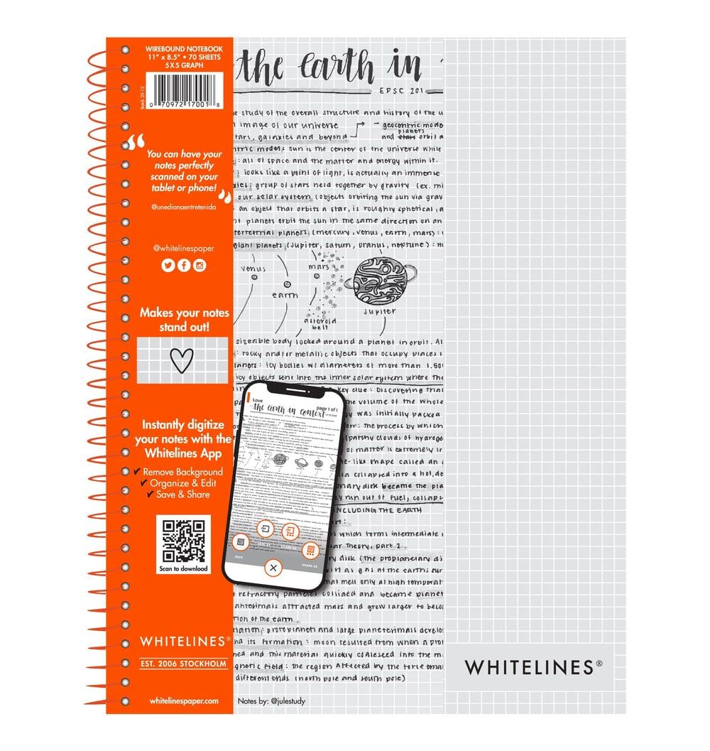 ROARING SPRING Whitelines Spiral Graph Ruled Notebook, Digitally Download Your Notes with FREE App, Premium Gray Paper, 11