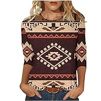 Aztec Ethnic Graphic Shirts Womens 3/4 Sleeve Crewneck Pullover Tops Trendy Western Print Casual Loose Fit Blouses
