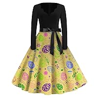 Fit and Flare Dress for Women Fashion V-Neck Casual Slim Easter Print Long Sleeve Dresses