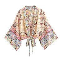 Bohemian Cover Ups Rayon Cotton Peacock Print Short Wrap Kimono Top Women Casual Streetwear Short Wrap Blusas