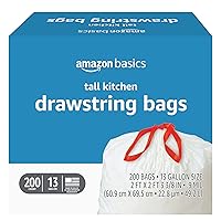 Amazon Basics Tall Kitchen Drawstring Trash Bags, 13 Gallon, 200 Count