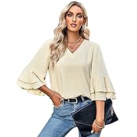Flygo Women's Summer Dressy Blouses V Neck 3/4 Bell Sleeve Tunic Tops for Leggings Tiered Ruffle Sleeve Casual Shirts(BeigeRuffle-XL)