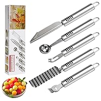 Stainless Steel Fruit Carving Knife Set, 5 Pack Vegetable Engraving Blades for Kitchen, Melon Baller Scoop,Lemon Zester, Garnish Peeler,Crinkle Knife,V-shape Cutter