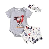 Baby Girl Farm Outfits Chicken Print Short Sleeve Romper Ruffled Shorts Headband Set Summer Country Clothes