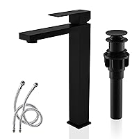 KENES Matte Black Bathroom Faucet Single Handle Tall Vessel Sink Faucet Vanity Bathroom Faucet Basin Mixer Tap with Water Supply Hose and Pop Up Sink Drain, LJ-9031A-2