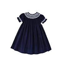 Girls Smocked Special Occasion Christmas Party Bishop Dress in Navy Corduroy