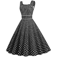 Women 1950s Retro Polka Dots Audrey Hepburn Tank Dress Summer Square Neck Sleeveless Waist-Defined Cocktail Dresses