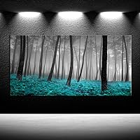 iKNOW FOTO Art for Home Walls Canvas Prints Forest Mist with Teal Trees Black and White Woods Scenery Painting Long Canvas Artwork Contemporary Nature Picture Framed for Home Decor