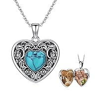 Cuoka Heart Locket Necklace 925 Sterling Silver Vintage Turquoise Pendant Necklace That Holds Pictures,Turquoise Personalized Photo Locket Jewelry Gifts for Women Girls
